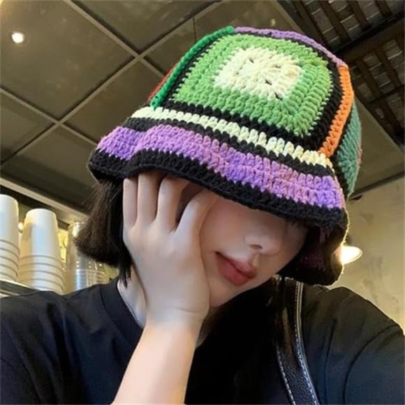 Women\'s Winter Crochet Knitted Floral Bucket  Hat Handmade Plaid, Blue main image 6